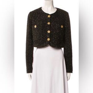 St. John Black and Gold Tweed Cropped Blazer with Gold Buttons